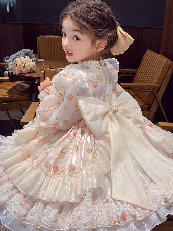 Charming Pastel Pink Lolita Dress for Girls - Floral Embellished, Multi-Layered Skirt