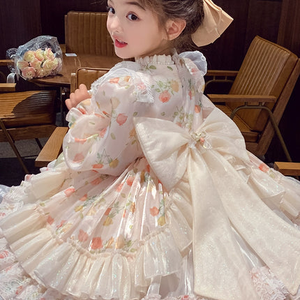 Charming Pastel Pink Lolita Dress for Girls - Floral Embellished, Multi-Layered Skirt, Perfect for Tea Parties and Special Occasions