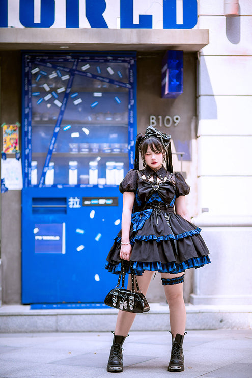 Gothic Blue Plaid Lolita JSK with Heart-Shape Neckline and Ruffled Trims