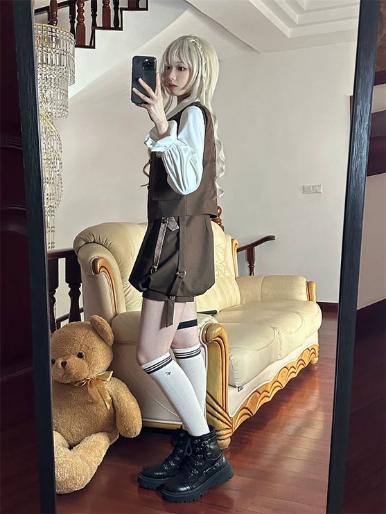 Detective Lolita Prince Set – Brown Vest with Suspender Shorts and Ruffled Blouse