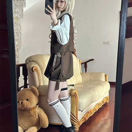 Detective Lolita Prince Set – Brown Vest with Suspender Shorts and Ruffled Blouse