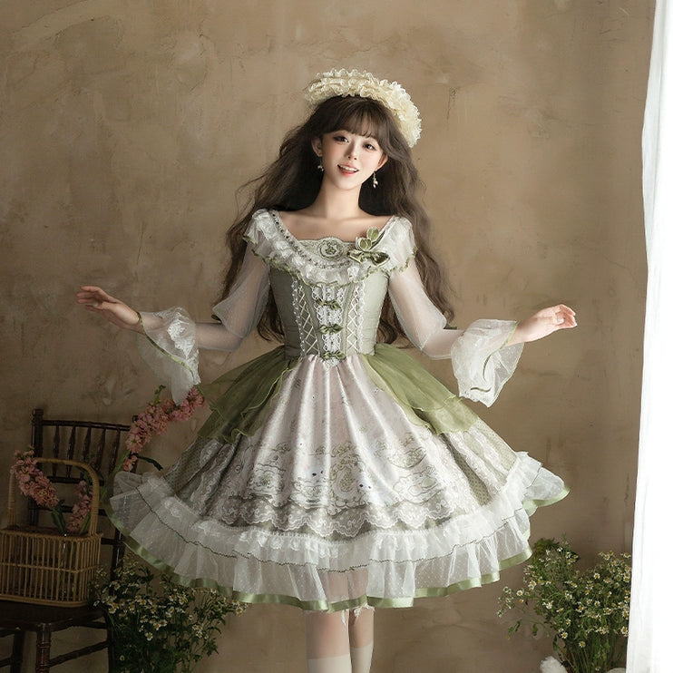 Sweet Lolita Dress - Light Green Layered Tulle Skirt with Lace & Embroidery