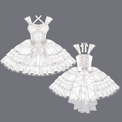 Elegant, lightweight wedding-style Lolita dress with a ballet-girl silhouette and ruffled details, inspired by cotton-candy motifs