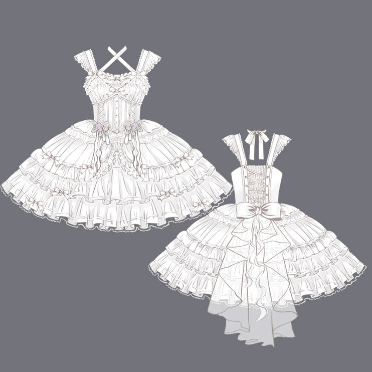 Elegant, lightweight wedding-style Lolita dress with a ballet-girl silhouette and ruffled details, inspired by cotton-candy motifs