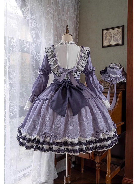 Elegant Lavender Lolita OP Dress with Lace and Ruffled Trims