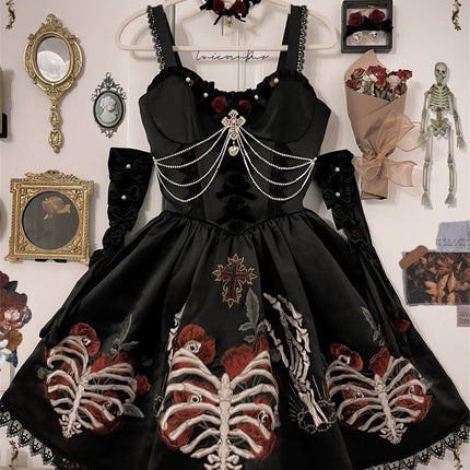 S-XL Skeleton Fishbone Skirt JSK Embroidered Beaded Dark Mysterious Dress Lolita Gown