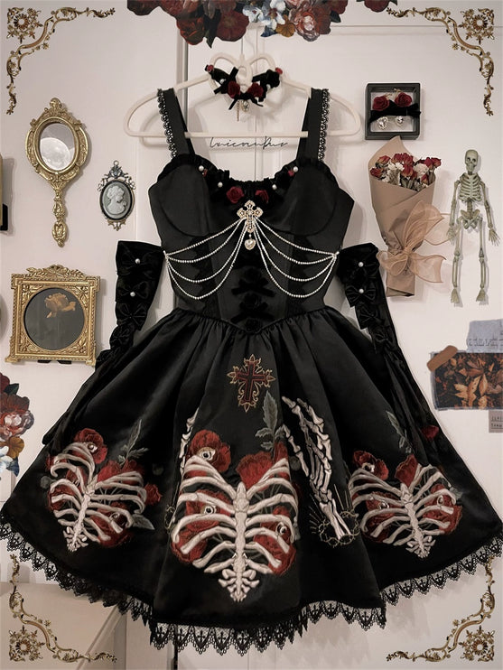 S-XL Skeleton Fishbone Skirt JSK Embroidered Beaded Dark Mysterious Dress Lolita Gown