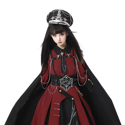 Gothic Military Lolita OP Dress – Black & Red with Silver Embroider