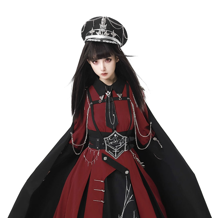 Gothic - style Long Cloak - holding Design, Embellished with Intricate Silver Patterns and Elegant Hat