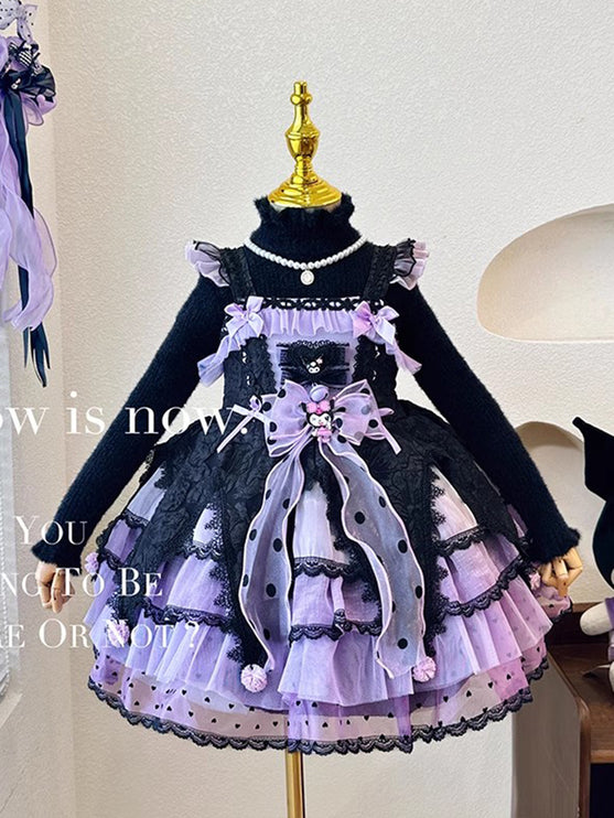 Elegant Black and Purple Lolita Dress for Girls - Intricate Lace and Ruffled Skirt