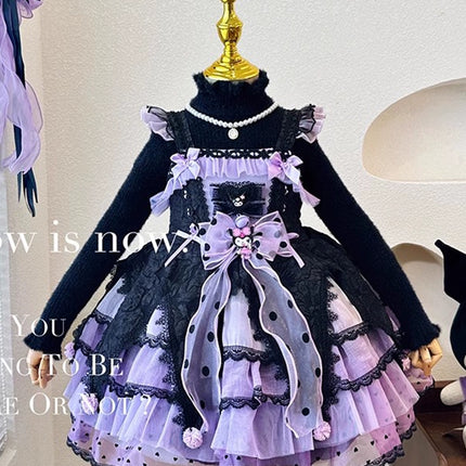 Elegant Black and Purple Lolita Dress for Girls - Intricate Lace and Ruffled Skirt - Perfect for Tea Parties and Special Occasions