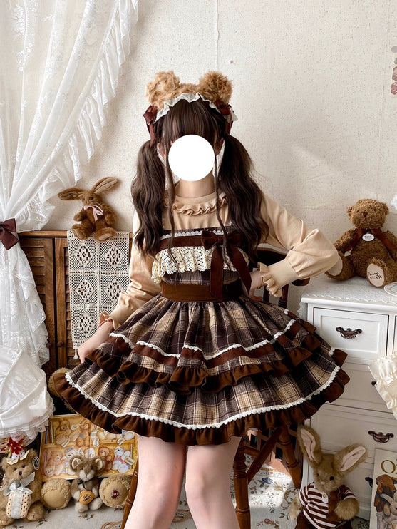 Woodland Plaid Lolita Dress - Cozy Wool JSK with Velvet Bows and Lace Trim