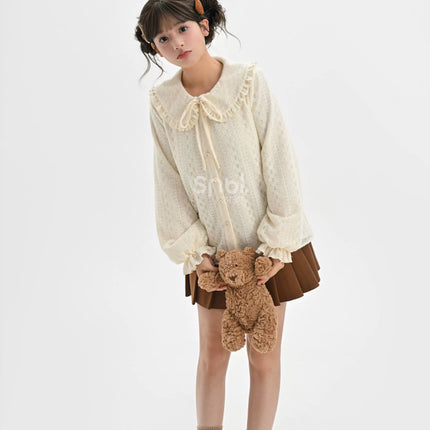 Romantic Ruffled Peter Pan Blouse, Sweet Bear Patch & Cookie Pocket Cozy Plaid Cardigan