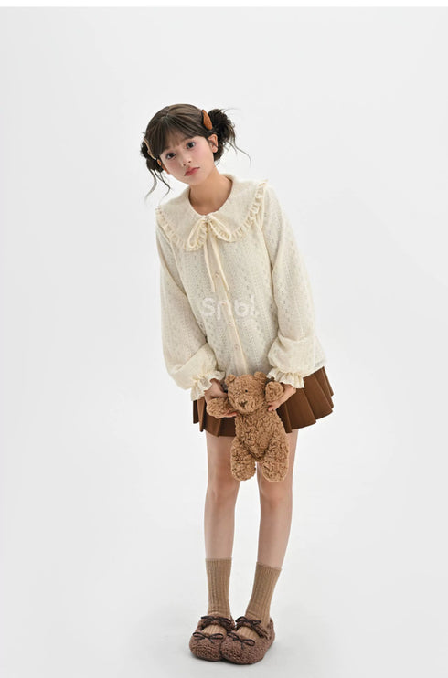 Romantic Ruffled Peter Pan Blouse, Sweet Bear Patch & Cookie Pocket Cozy Plaid Cardigan