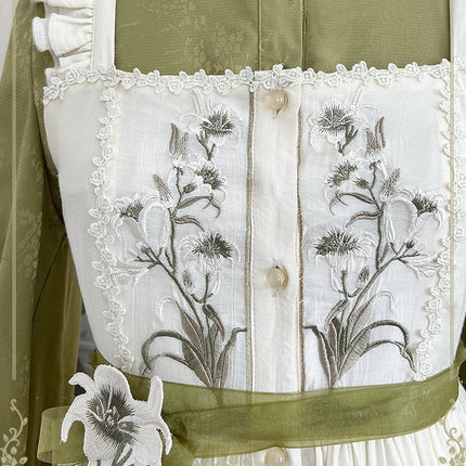 Vintage - style Green and White Layered Lolita Dress with Floral Embroidery