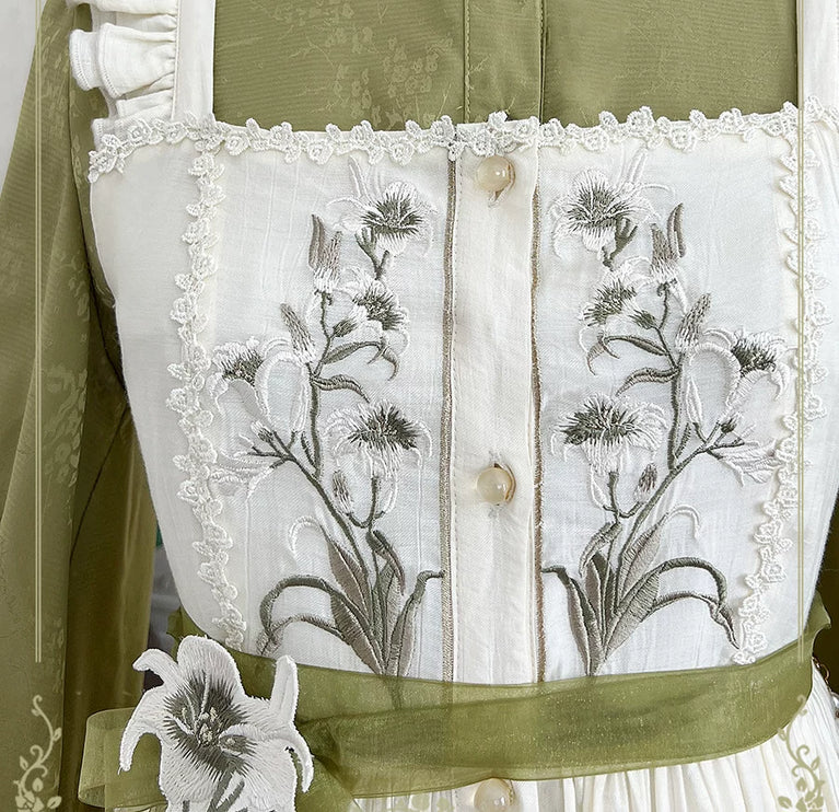 Vintage - style Green and White Layered Lolita Dress with Floral Embroidery