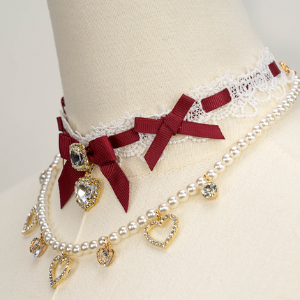 Edgy Punk Style Elaborate Double-Layer Necklace with Pearls and Gemstone Choker Lolita Collarbone Chain