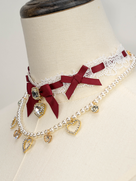 Edgy Punk Style Elaborate Double-Layer Necklace with Pearls and Gemstone Choker Lolita Collarbone Chain