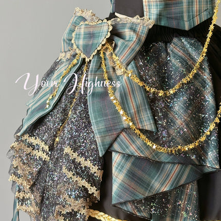 Tartan Melody Idol Lolita Two-Piece Set with Golden Accents Girl Group Inspired Skirt Ensemble