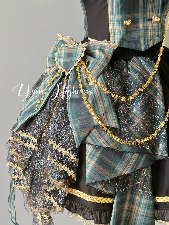 Tartan Melody Idol Lolita Two-Piece Set with Golden Accents Girl Group Inspired Skirt Ensemble