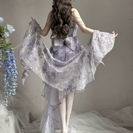 Dreamy Lavender Lolita Gown with Floral Embellishments, Layered Tulle Skirt