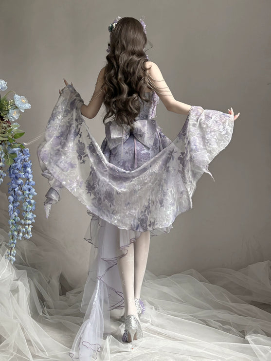 Dreamy Lavender Lolita Gown with Floral Embellishments, Layered Tulle Skirt