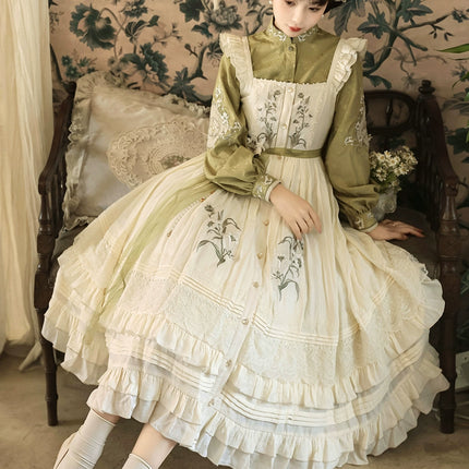Vintage - style Green and White Layered Lolita Dress with Floral Embroidery