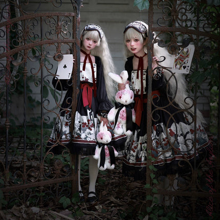 Dark Wonderland Asylum Lolita Dress - Gothic OP with Velvet Ribbon and Eerie Storybook Print