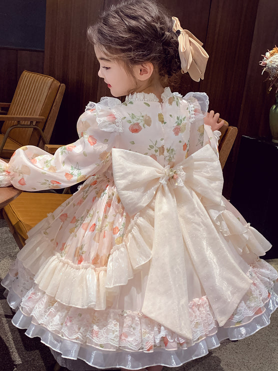 Charming Pastel Pink Lolita Dress for Girls - Floral Embellished, Multi-Layered Skirt