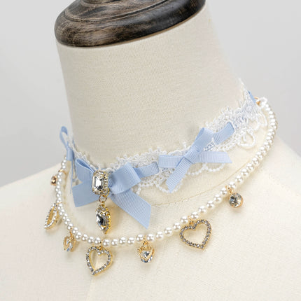 Edgy Punk Style Elaborate Double-Layer Necklace with Pearls and Gemstone Choker Lolita Collarbone Chain