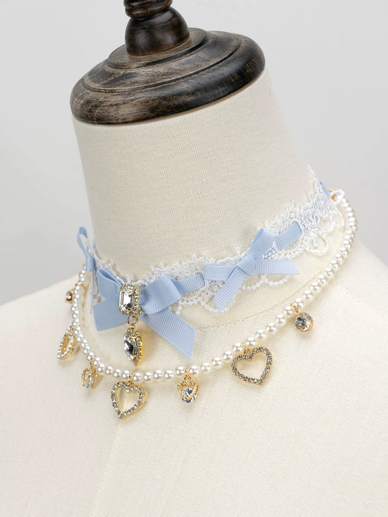 Edgy Punk Style Elaborate Double-Layer Necklace with Pearls and Gemstone Choker Lolita Collarbone Chain