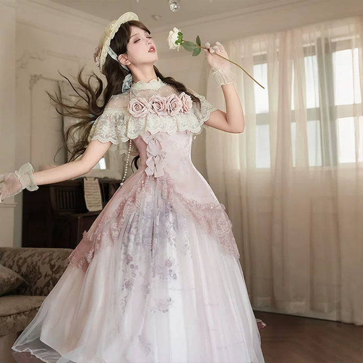 Vintage - inspired Pink Tea - length gown with Floral Lace and Tulle Layers, set for spring and summer