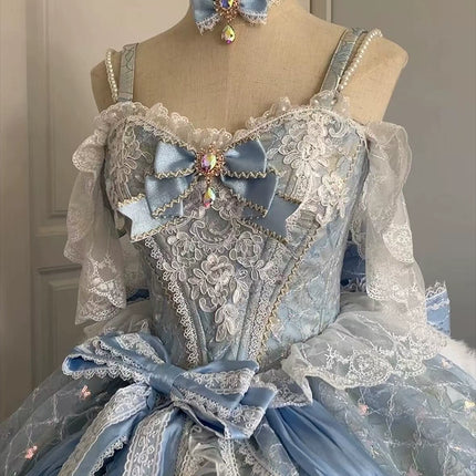 Dreamy Light - Blue Lolita Grand Ball Gown with Intricate Lace and Elegant Bow Decorations