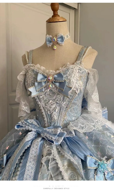 Dreamy Light - Blue Lolita Grand Ball Gown with Intricate Lace and Elegant Bow Decorations