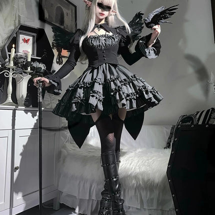 Enchanted Gothic Ballet Diablo Lolita Ensemble – Dark Lolita Dress & Vest Set with Elegant, Mystical Charm