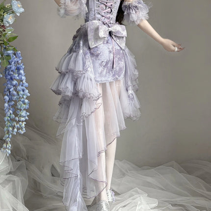 Dreamy Lavender Lolita Gown with Floral Embellishments, Layered Tulle Skirt