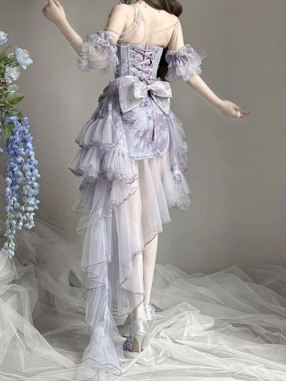 Dreamy Lavender Lolita Gown with Floral Embellishments, Layered Tulle Skirt