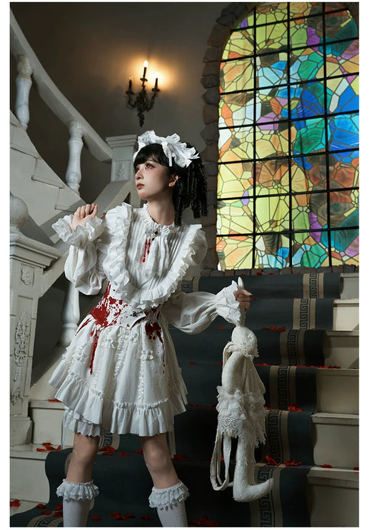 Gothic Lolita White Dresses with Bloody Accents, Delicate Lace and Charming Design