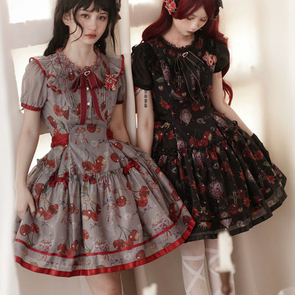 S-2XL Cherry Blossom Delight Lolita Dress – Sweet Vintage Print JSK/OP in Black, Red, Gray & White