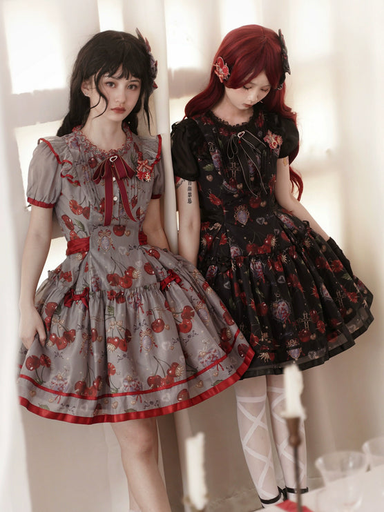 S-2XL Cherry Blossom Delight Lolita Dress – Sweet Vintage Print JSK/OP in Black, Red, Gray & White