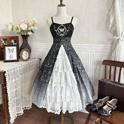 Gothic Victorian Lolita Set – High-Neck Lace Blouse & Gradient Layered JSK with Embroidered Bodice and Ruffled Sleeves