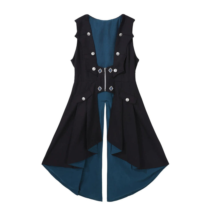 Gothic - Inspired Black and Teal Asymmetrical Long Coat with Puff Sleeves and Decorative Details