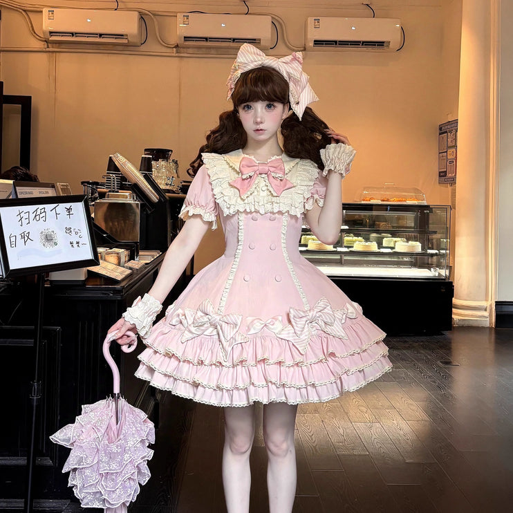 Vintage-Inspired Pink Tiered OP Lolita Dress with Striped Bows