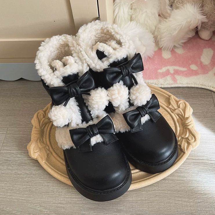 Fluffy - trimmed Ankle Boots with Adorable Bows, Ultra - cozy & Stylish