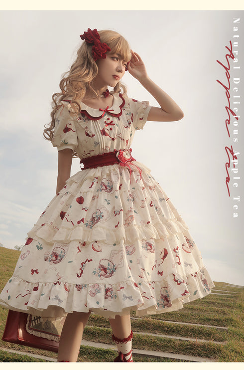 Vintage Whimsy Lolita OP - Cream Floral Pattern with Red Accents