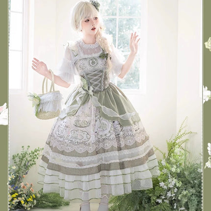 Sweet Lolita Dress - Light Green Layered Tulle Skirt with Lace & Embroidery