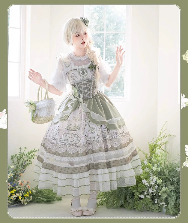 Sweet Lolita Dress - Light Green Layered Tulle Skirt with Lace & Embroidery