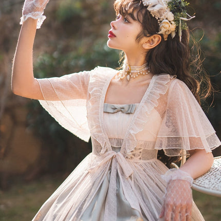Vintage Floral Lolita Dress with Tulle Layers, Off - the - Shoulder Sleeves & Delicate Headpiece