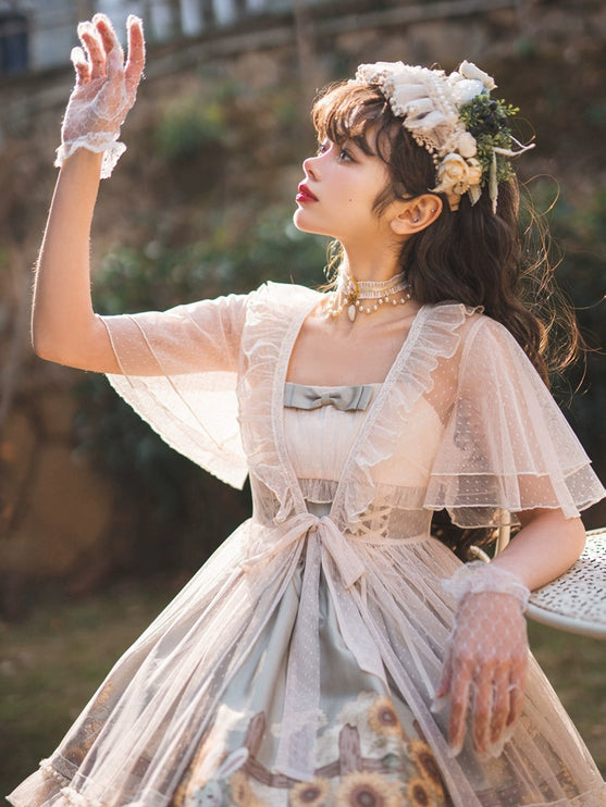 Vintage Floral Lolita Dress with Tulle Layers, Off - the - Shoulder Sleeves & Delicate Headpiece