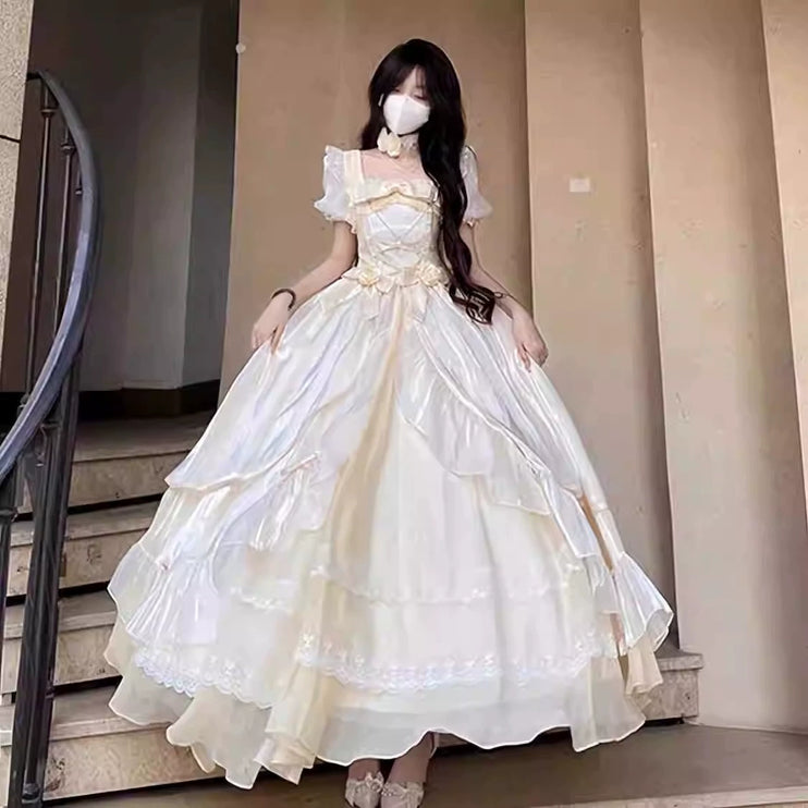 Blue Adult Formal Dress, Big Flower Bridal Lolita Dress